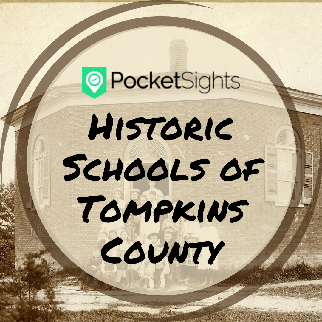 Circular text area that reads "Historic schools of tompkins county" overlaid over an image of the eight square schoolhouse