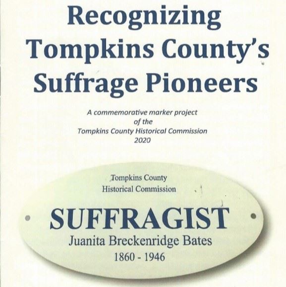 Brouchure of a 2020 walking tour by the Ithaca Historical Commission with the text reading “Recognizing Tompkins County’s Suffrage Pioneers”