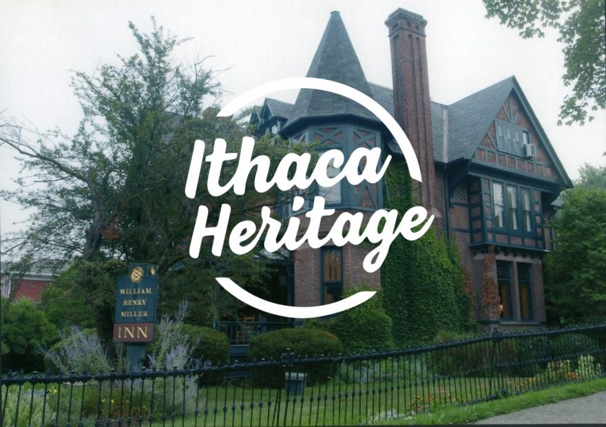 Circular text area that reads ”Ithaca Heritage” overlaid over an image of the william henry miller inn.