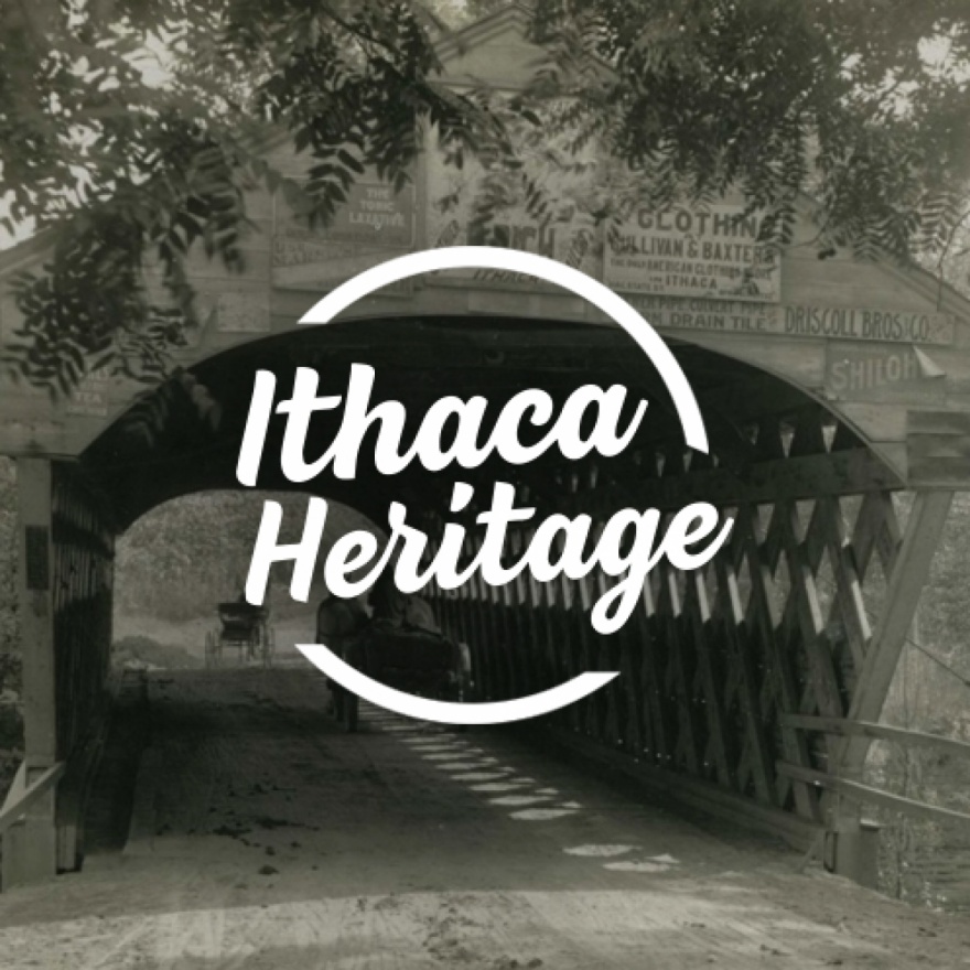 Circular text area that reads ”Ithaca Heritage” overlaid over a black and white image of a covered bridge.