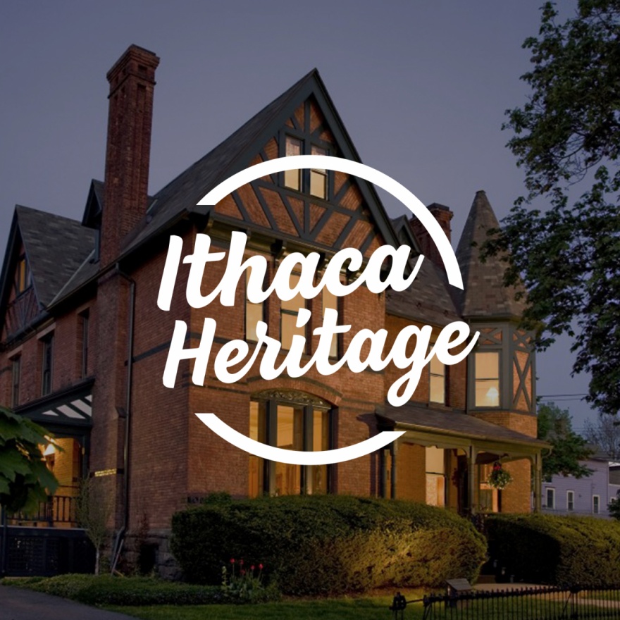 Circular text area that reads ”Ithaca Heritage” overlaid over an image of an East Hill home.