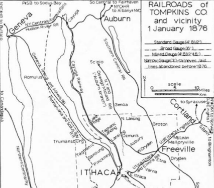 Black and white map detailing the railroads present in Ithaca and its vicinity.