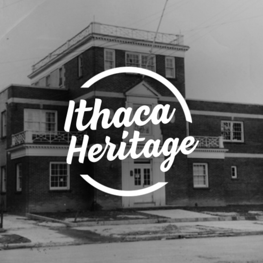 Circular text area that reads ”Ithaca Heritage” overlaid over a black and white image of the southside community center.