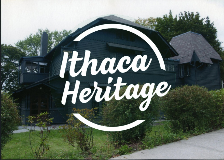 Circular text area that reads ”Ithaca Heritage” overlaid over an image of william henry miller’s family home.