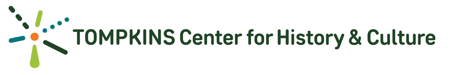 Rectangular area white background. The text reads “TOMPKINS Center for History and Culture”. On the left is the green, blue, and orange logo of the Tompkins Center for History and Culture