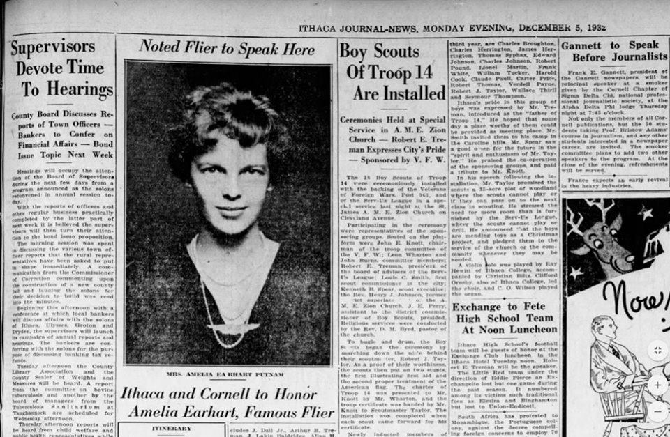 Newspaper clipping advertising a visit from Amelia Earhart