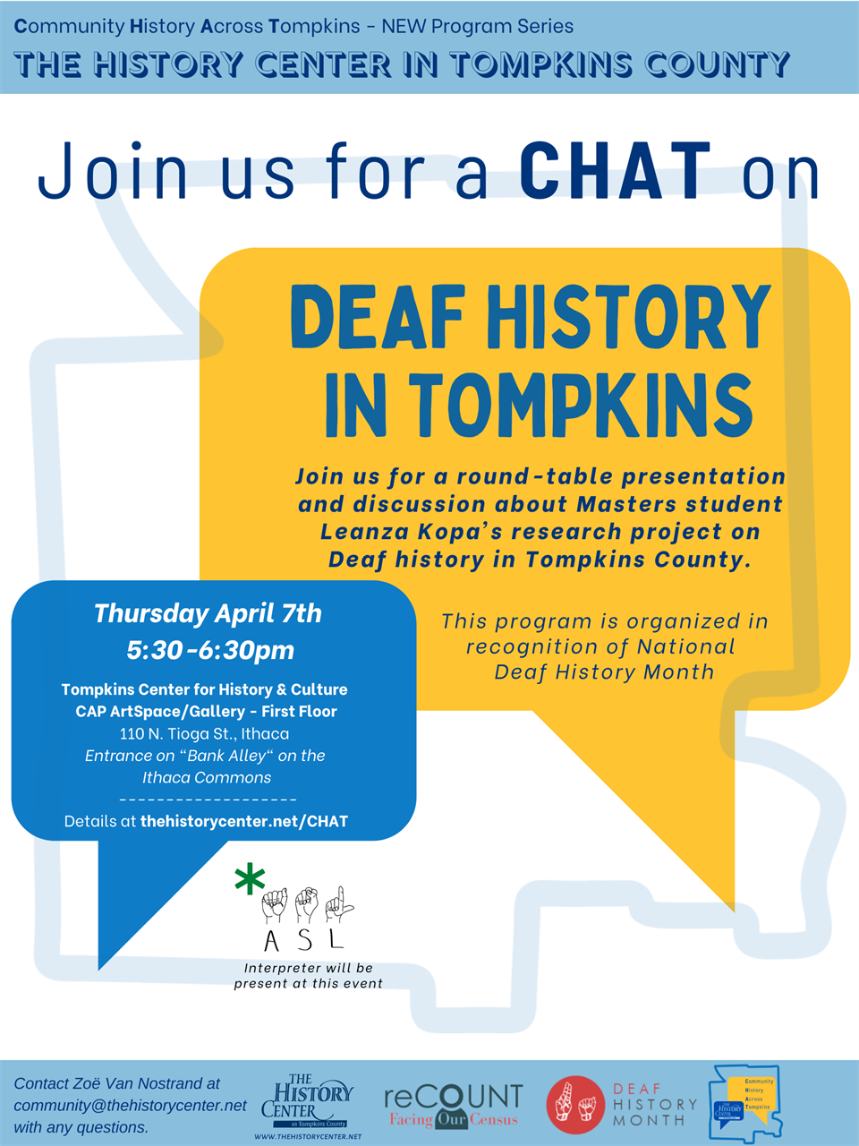 Flyer advertising previous CHAT on Deaf History in Tompkins in the CAP ArtSpace in the Tompkins Center for History and Culture. 