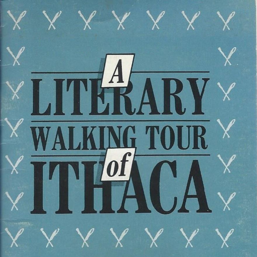 Blue background with an outline of sewing pins and needles with the text “A literary walking tour of Ithaca”