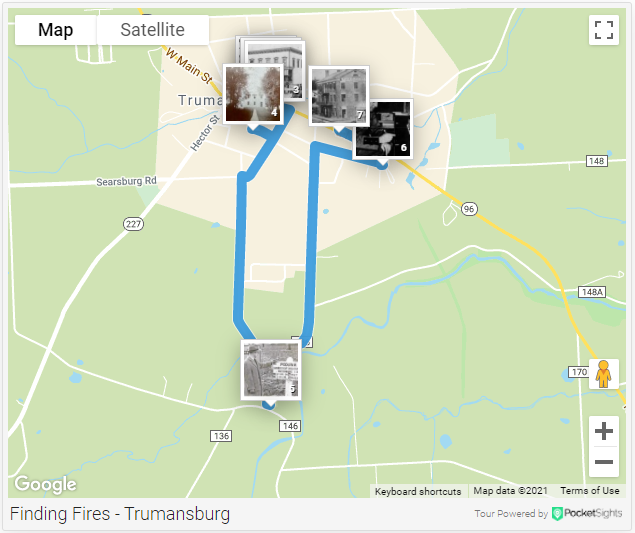 Image of a map of Trumansburg with square images of different fires marking their locations