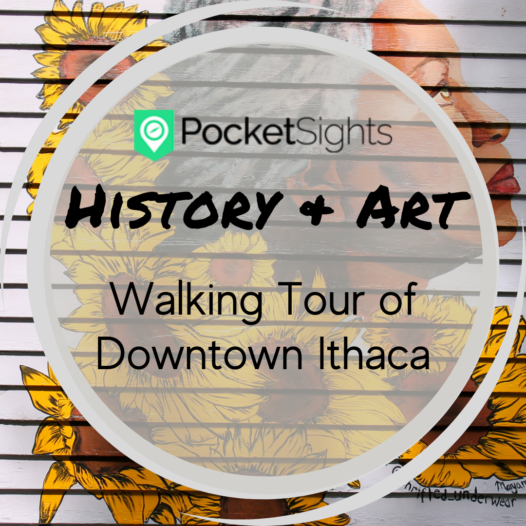 Circular text area that reads "History + Art Walking tour of Downtown Ithaca" overlayed over an image of a mural