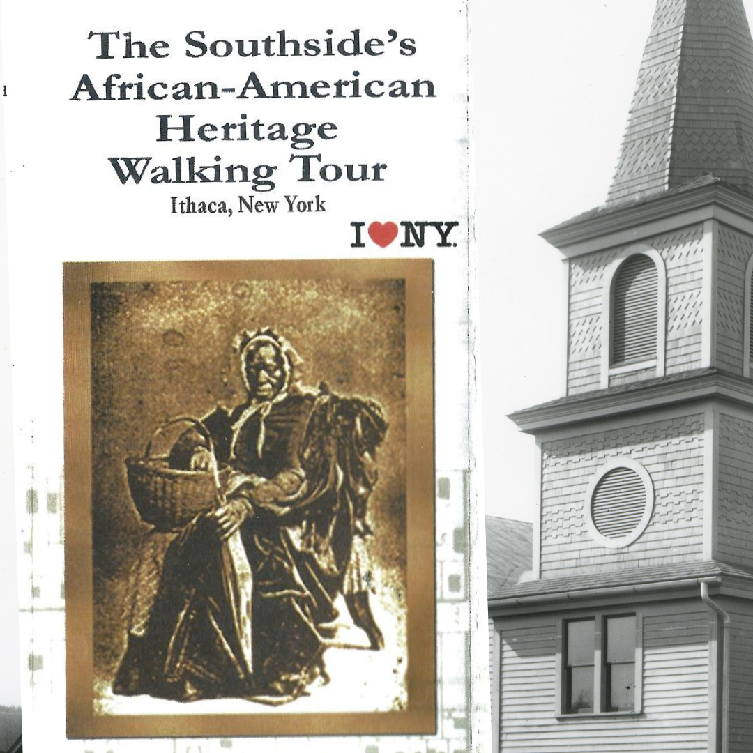 A brochure of a walking tour that reads “The Southside’s african-american heritage walking tour” and the I Heart NY label under that text. The brochure also has a protair of someone below the text.