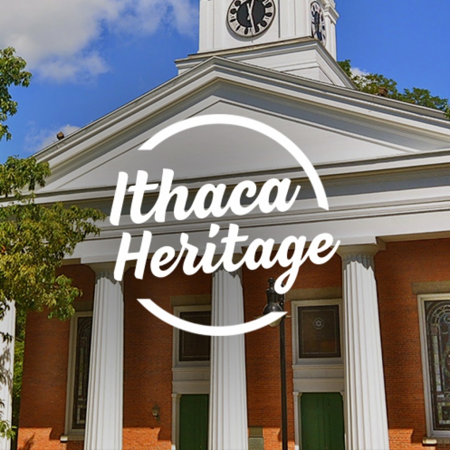 Circular text area that reads ”Ithaca Heritage” overlaid over an image of the first presbyterian church of ulysses