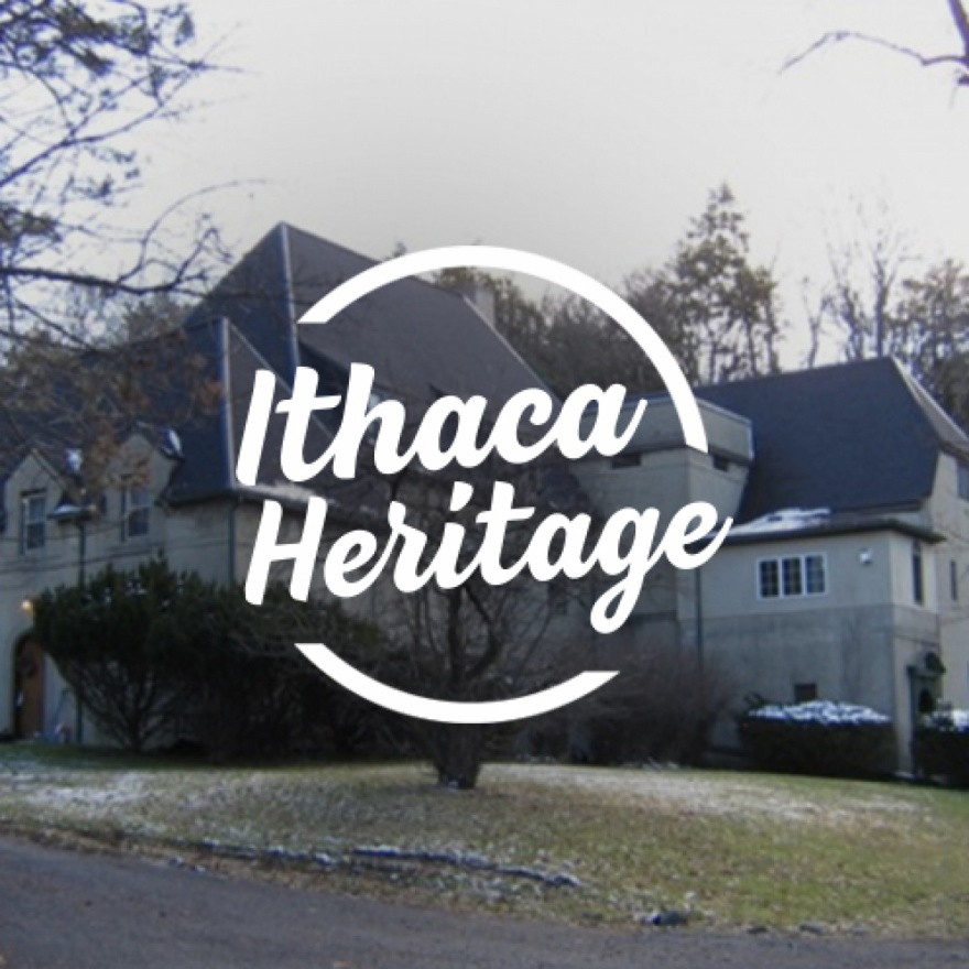 Circular text area that reads ”Ithaca Heritage” overlaid over an image of the tuttle apartments.