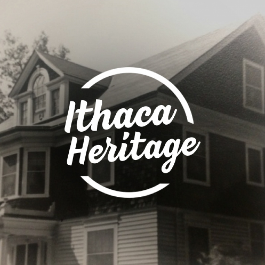 Circular text area that reads ”Ithaca Heritage” overlaid over a black and white image of a cornell heights home.