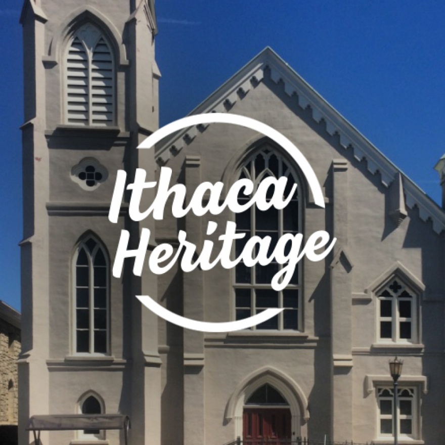 Circular text area that reads ”Ithaca Heritage” overlaid over an image of the First Presbyterian Church by Dewitt Park.