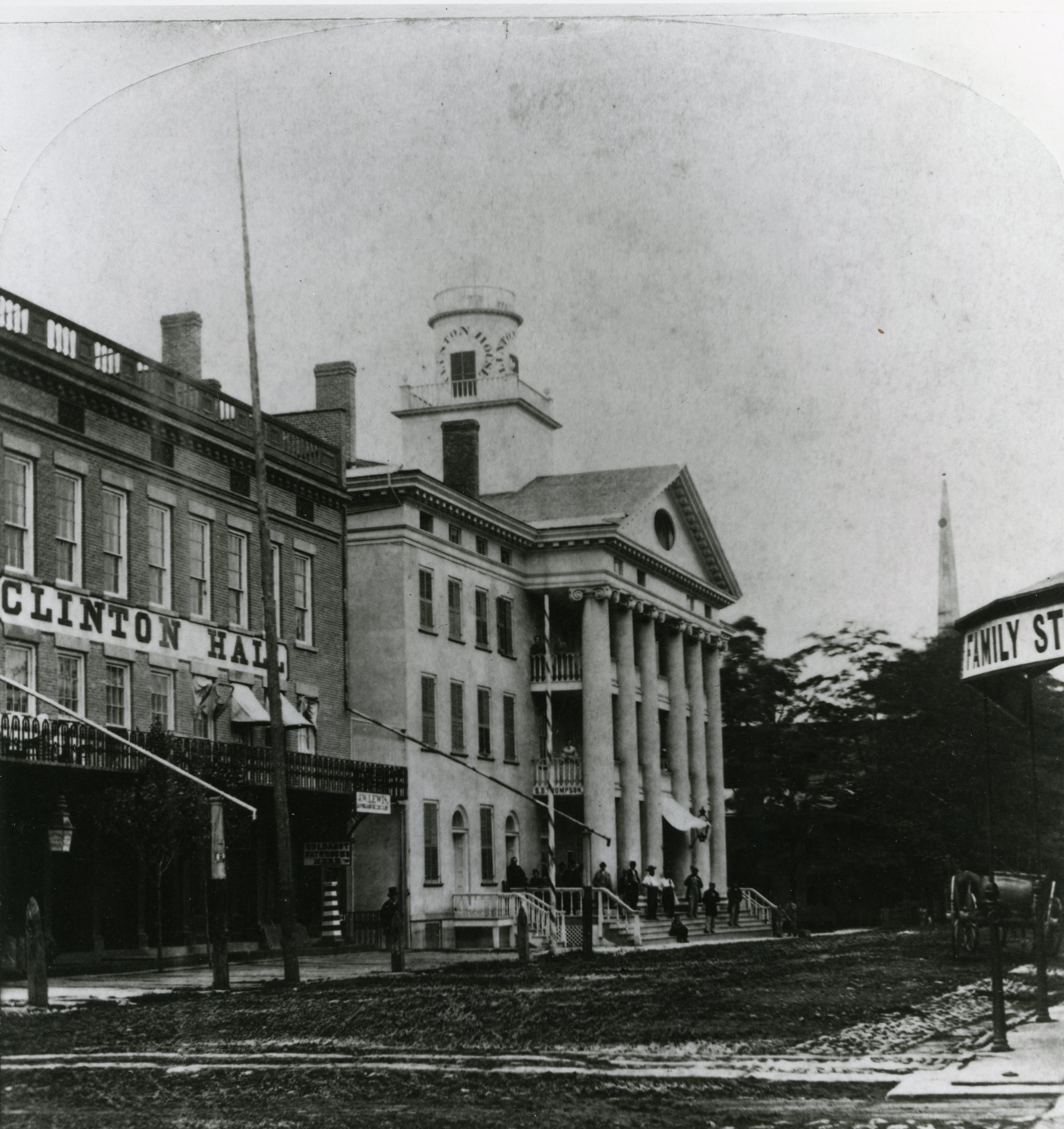 Black and white image of clinton hall