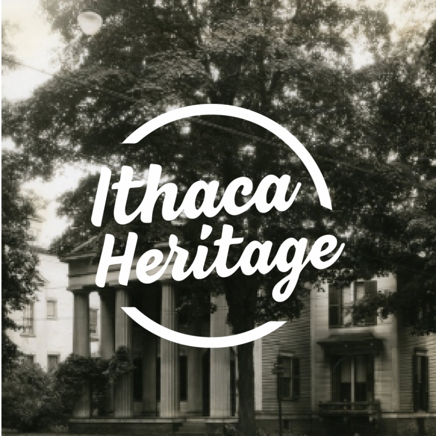 Circular text area that reads ”Ithaca Heritage” overlaid over a black and white image of an Ithaca College building.