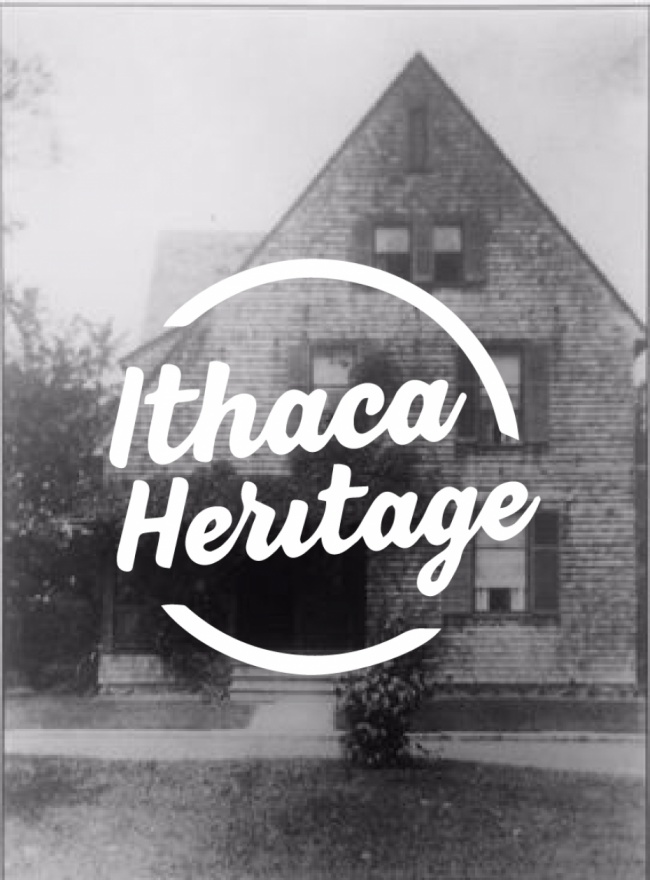 Circular text area that reads ”Ithaca Heritage” overlaid over a black and white image of a house.