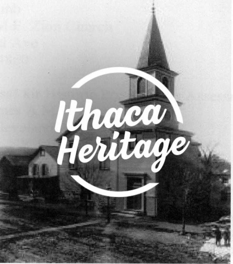 Circular text area that reads ”Ithaca Heritage” overlaid over a black and white image of a church.