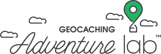 Geocaching Adventure Lab logo with clouds and a hot airballoon that doubles as a location marker.