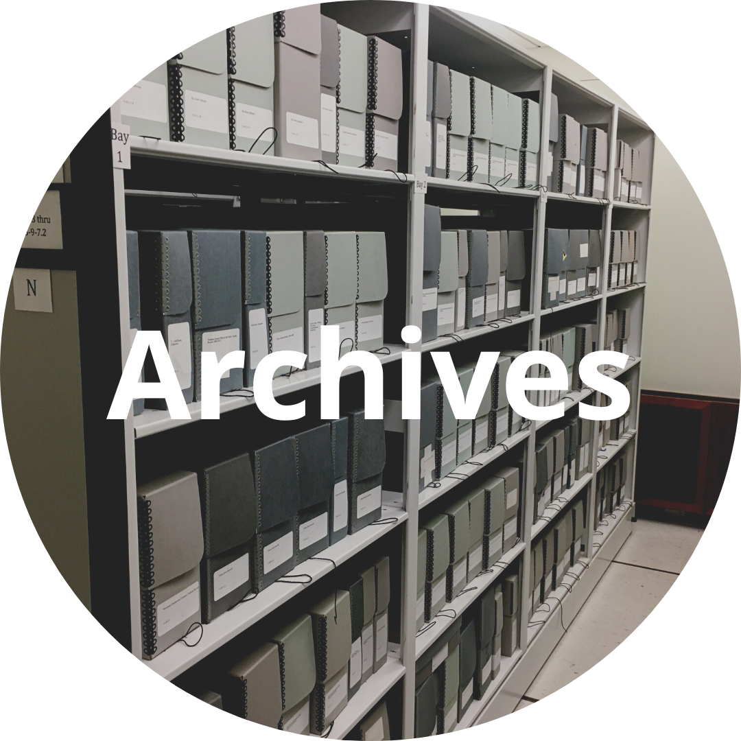 A circular image of shelves with files. The text says "Archives"