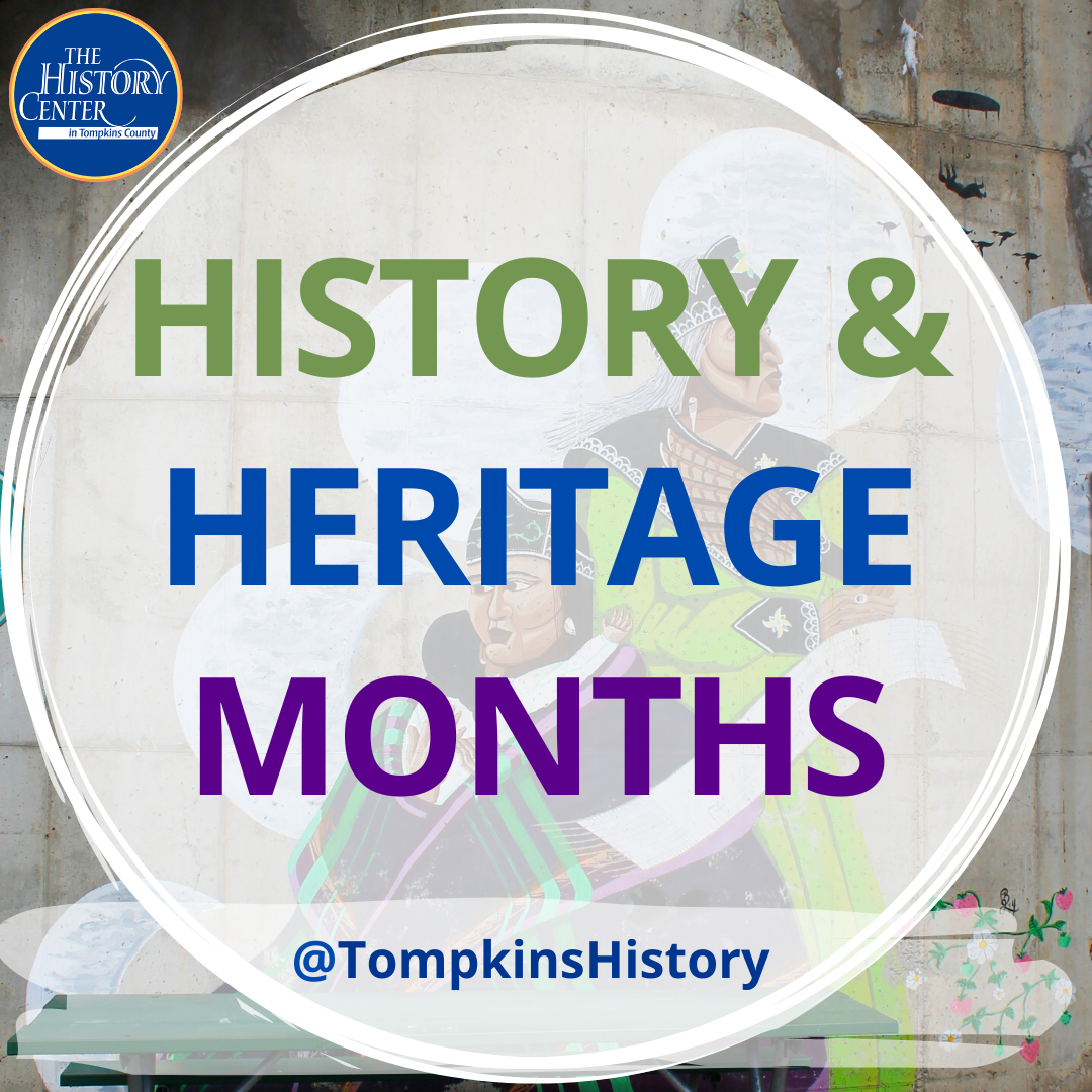Circular area that reads "History and Heritage Months" with the History Center logo on the top left and the instragram handle centered on the bottom. 