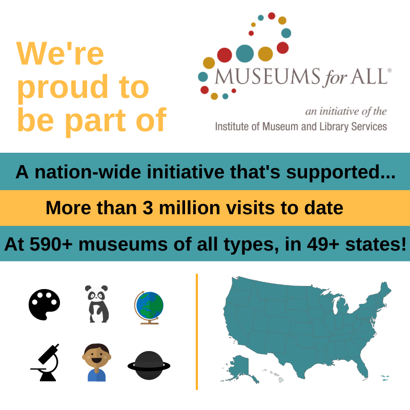 A graphic that says "We're proud to be part of [Museums for All] A nation-wide initiative that's supported... More than 3 million visits to date At 590+ museums of all types, in 49+ states!"