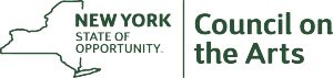 Green New York State outline with text, "New York State of Opportunity - Council on the Arts"
