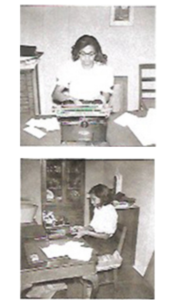 Two small black and white images of a young black woman working at a desk. Images are of Dorothy Bliss working at the DeWitt Historical Society in the 1950's.