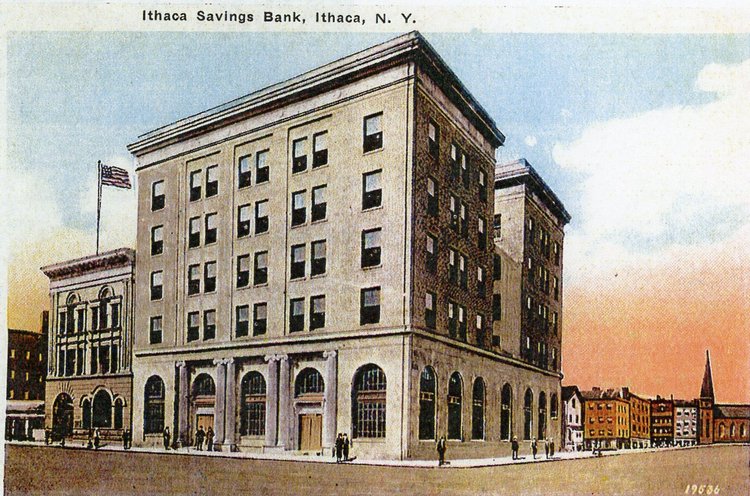 An image of a building, with text above that reads "Ithaca Savings Bank, Ithaca, N.Y." Caption says "Ithaca Trust Company Building (At Left, South of the Ithaca Savings Bank)".