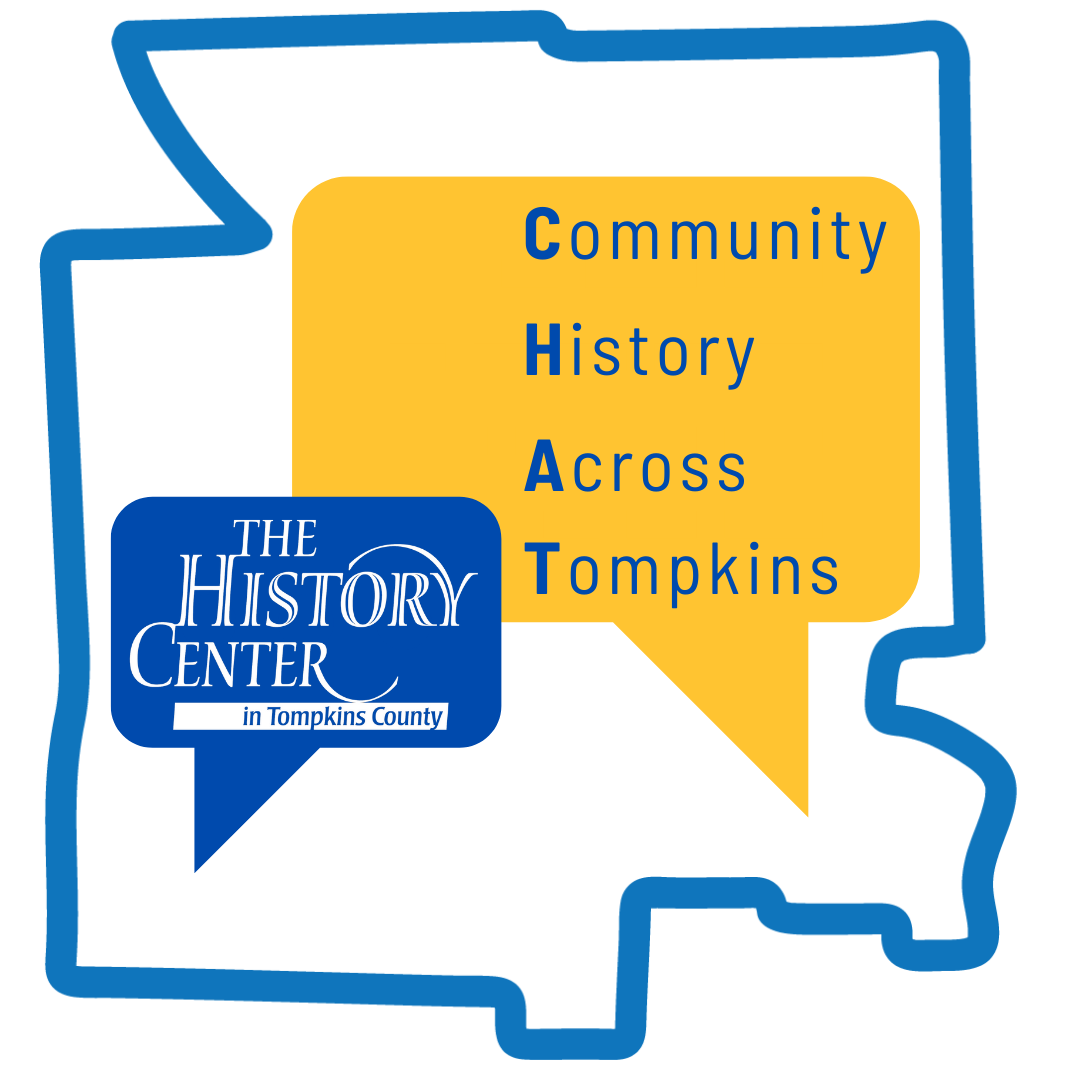Outline of tompkins county with the history center logo in a blue text box and the text “Community History Across Tompkins” in a yellow textbox