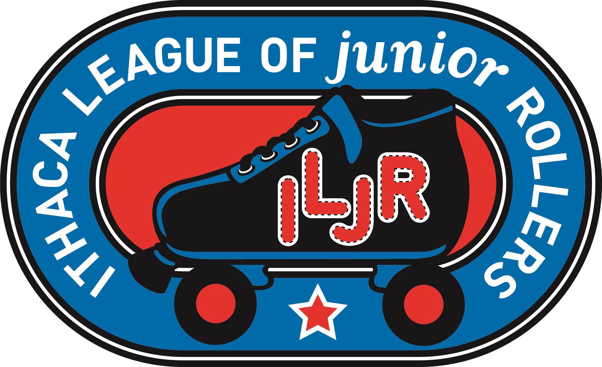 Logo for the Itaca League of Junior Rollers. Features organization name wrapping arounf a roller skate with the initials ILJR.