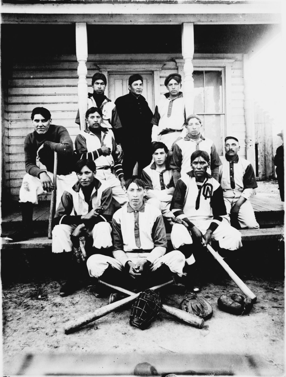 Black and white image of a Native American baseball team 