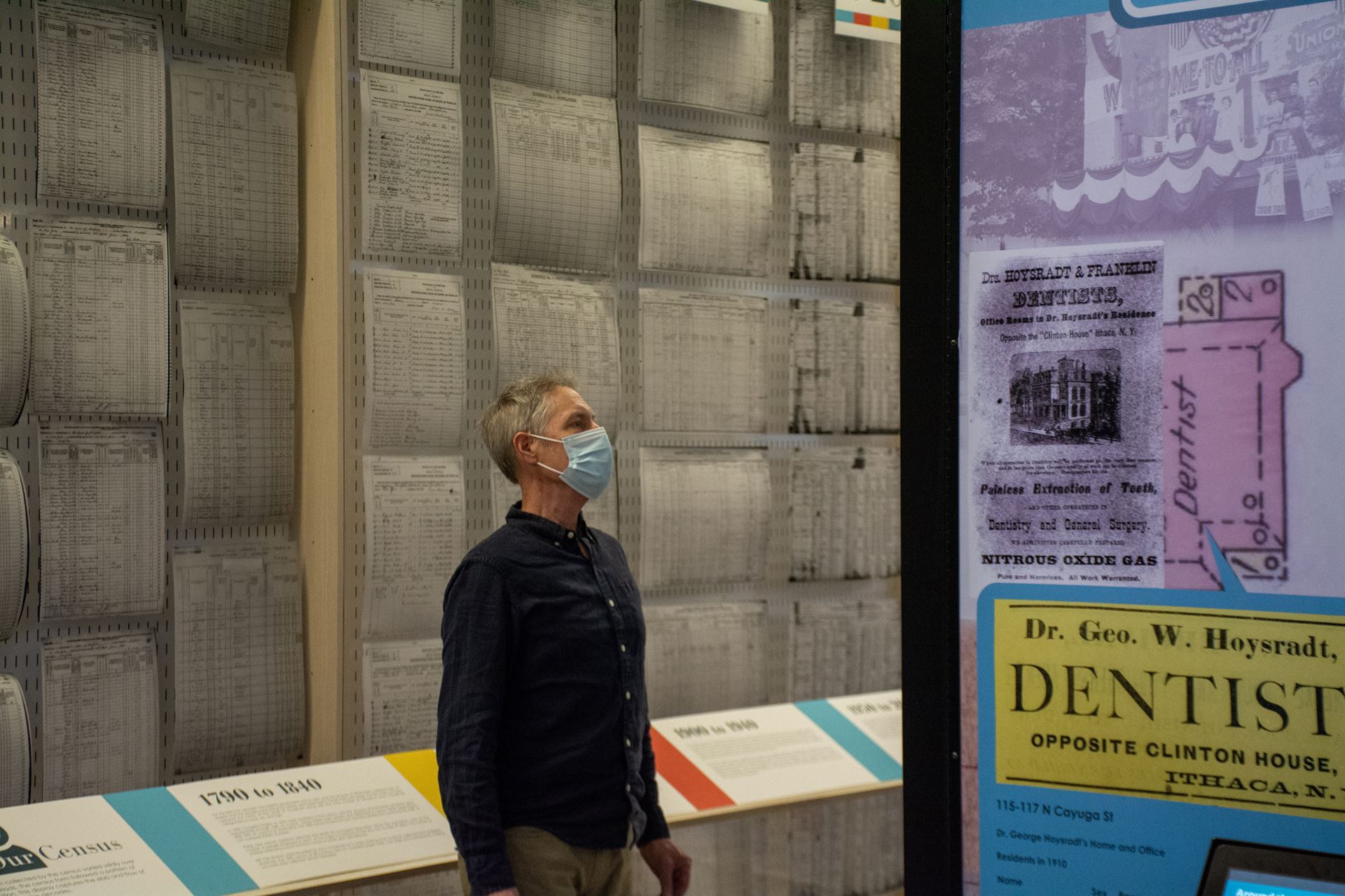 A small rectangular image of a visitor standing in front of the census exhibit.