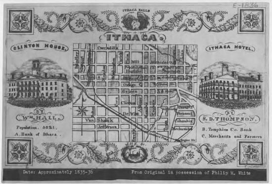 A rectangular image of a historical map of Ithaca.