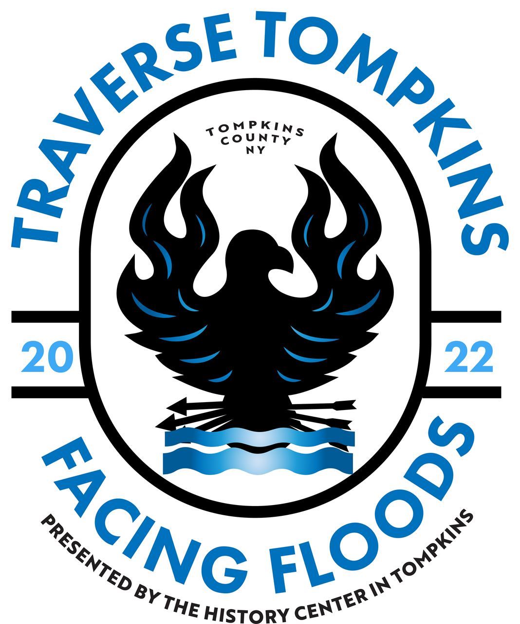 Logo for the 2022 Traverse Tompkins Facing floods event. Blue text wrapping around a creature in water.
