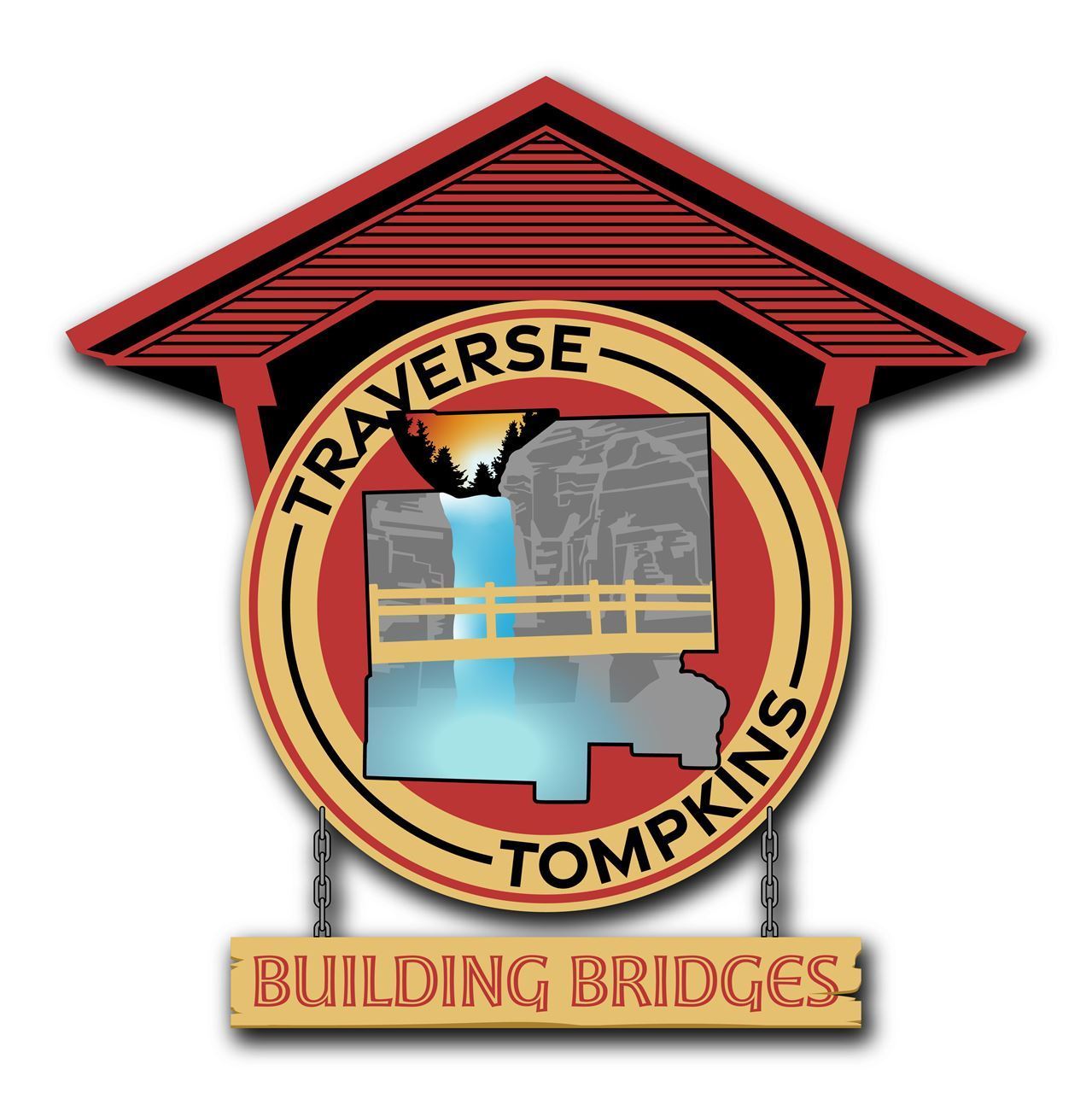 Traverse tompkins logo on a wooden information structure with a sign reading Building Bridges at the bottom